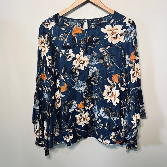 Miss Me Tunic Blouse Mutli Blue Floral Bell Sleeve Boho Festival Summer XL - Picture 1 of 5
